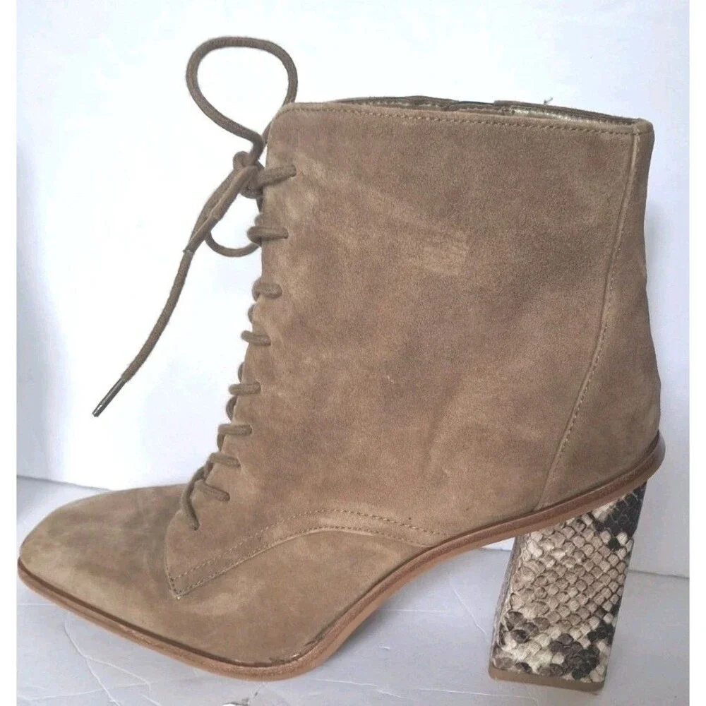 Vince Camuto Dreveri Suede Lace Up Ankle Boots Size 11 Snakeskin Heel Brown